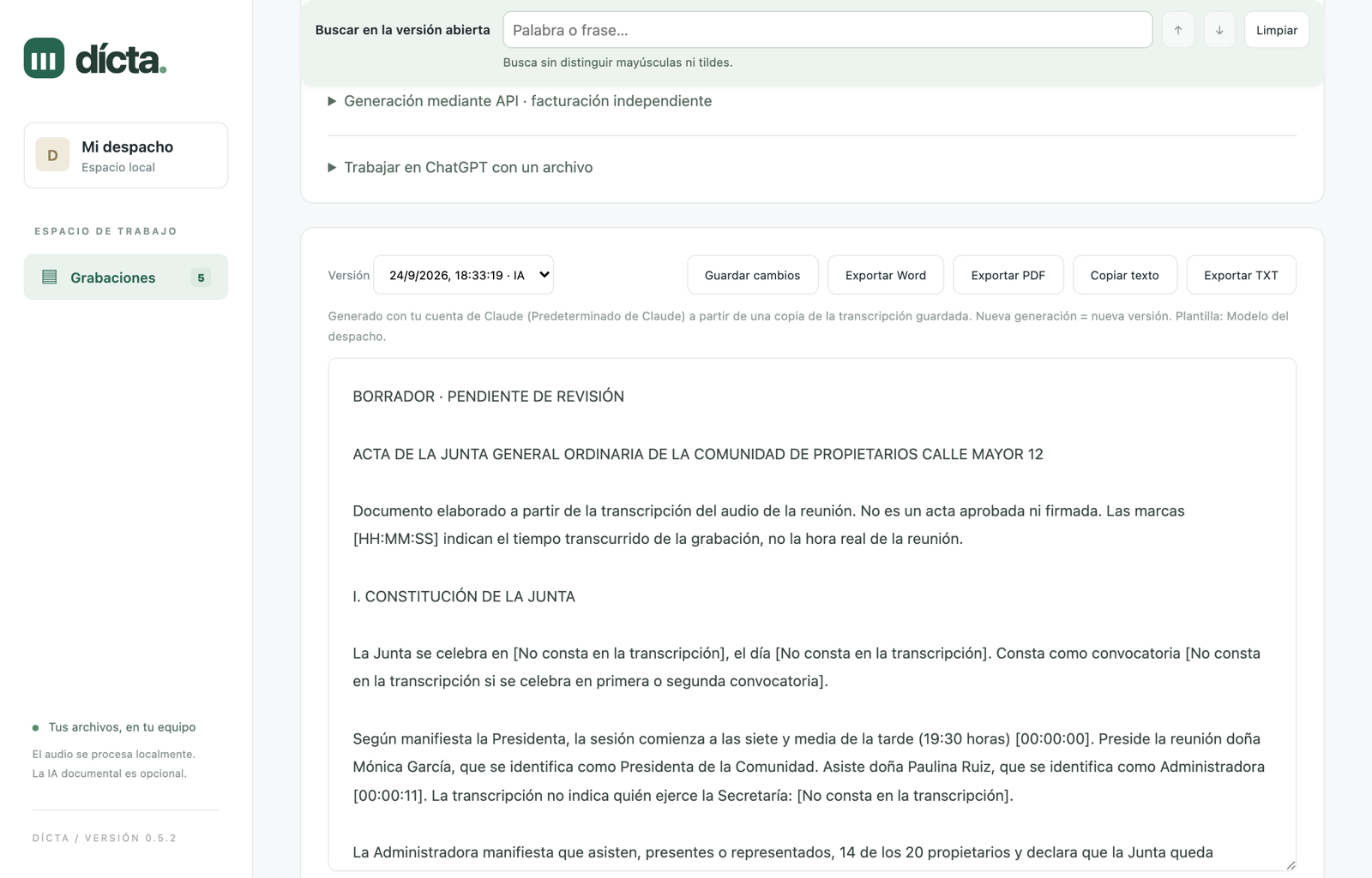 Borrador de acta generado por Elocena, ordenado por puntos