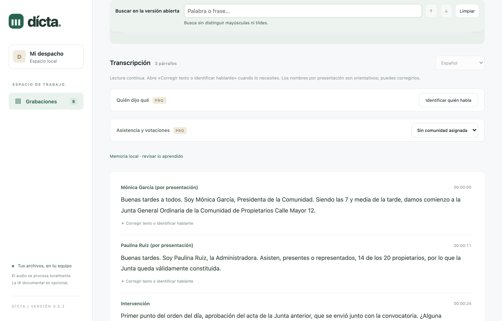 Transcripción de una junta con los nombres de quienes intervienen